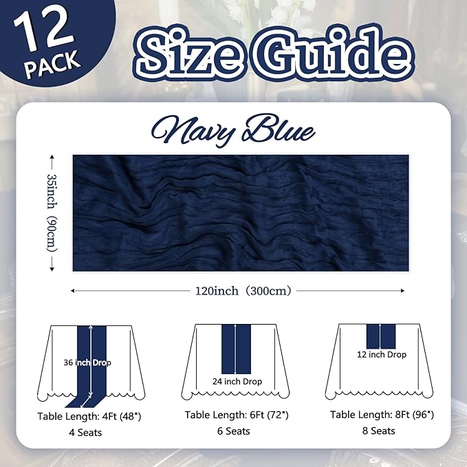 12 Pack Navy Blue Cheesecloth Table Runner 10ft Boho Gauze Fabric Cheese Cloth - Image 2
