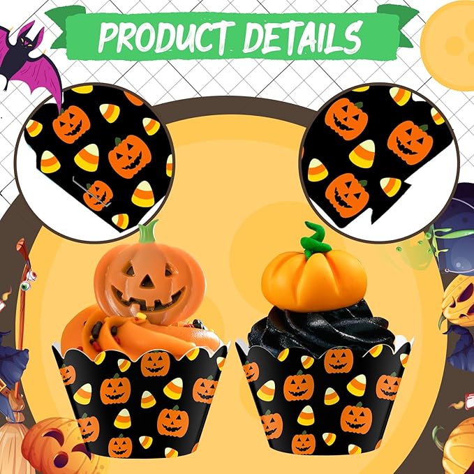 Domensi 100 Pcs Halloween Pumpkin Cupcake Wrappers Rustic Cupcake Liners - Image 4