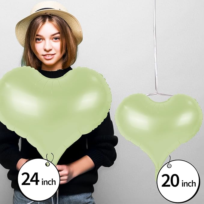 24 Inch Green and White Heart Balloons, Light Green Heart Shaped Foil Balloons - Image 4