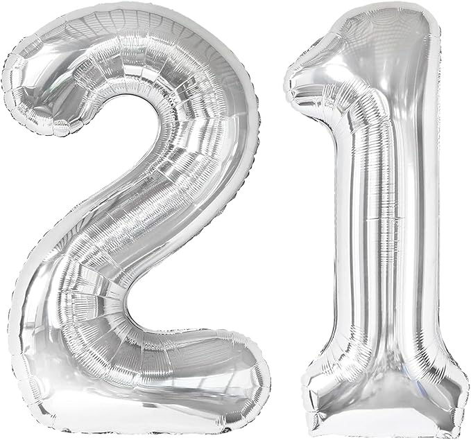 Silver Number 21 Balloon 40 inch, Number 21 Birthday Balloon by Upgesy
