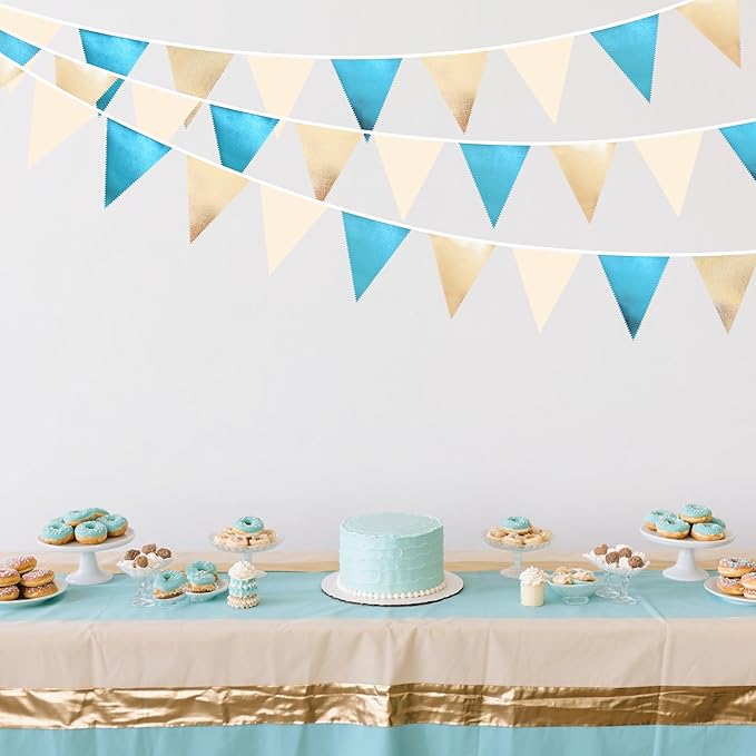 Champagne Gold Sky Blue Beige Decorations Metallic Fabric Triangle Pennant - Image 4