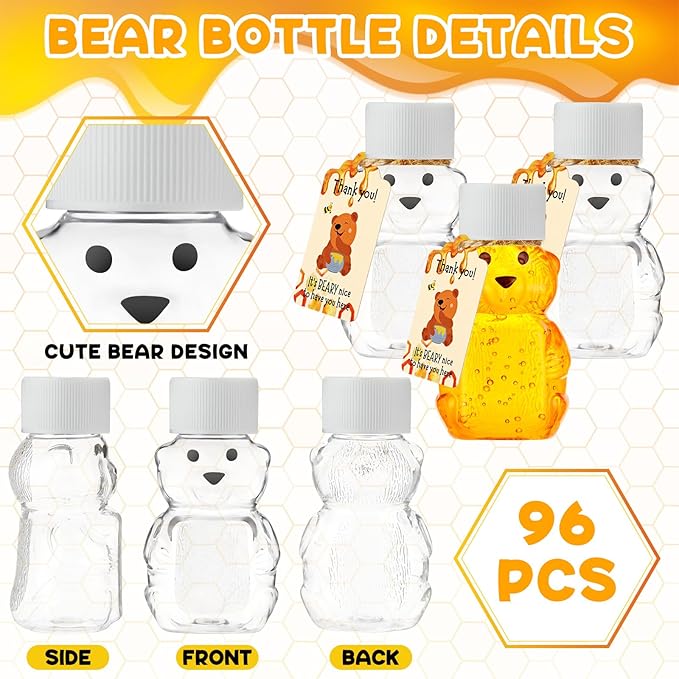 96 Sets 2 oz Plastic Honey Bear Bottle Bear Shape Clear Empty Honey Jar 96 Tags - Image 4
