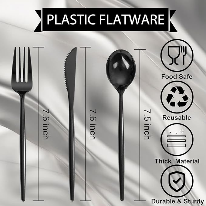 Supernal 360pcs Black Plastic Silverware Heavy Duty Black Plastic Utensils - Image 3