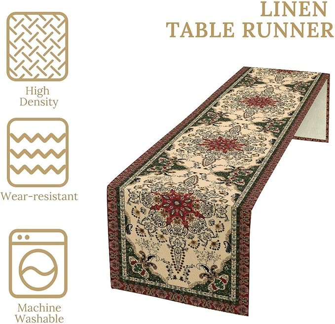 Vintage Paisley Bohemian Table Runner Beige Red Rustic Farmhouse Home Kitchen - Image 5