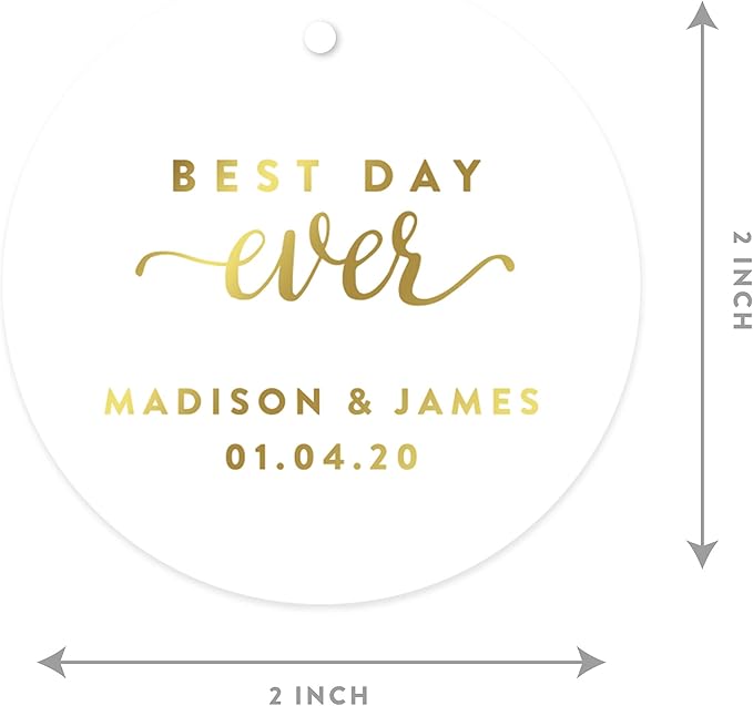 Andaz Press Personalized Round Circle Wedding Gift Tags, Metallic Gold Ink - Image 6