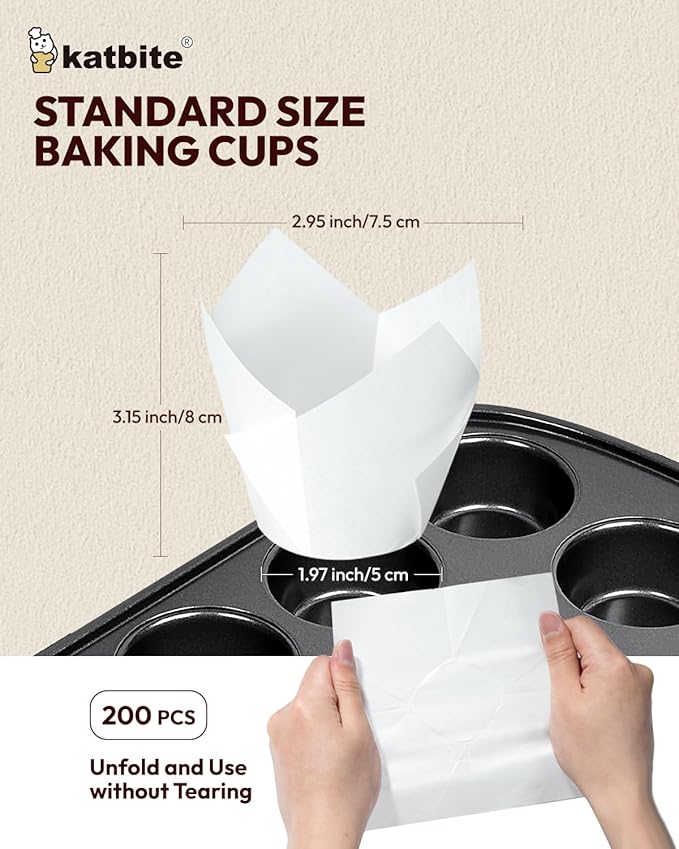 Katbite Tulip Cupcake Liners 200PCS, Muffin Baking Cups ProSmooth White - Image 2