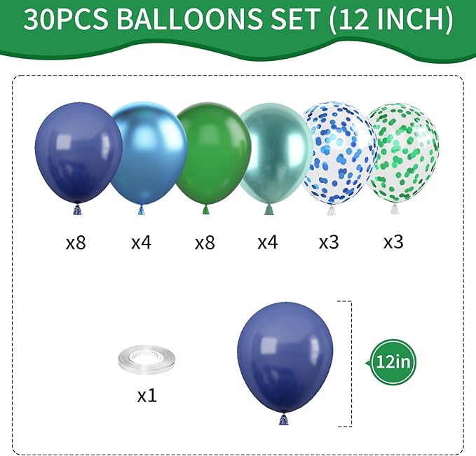 Blue and Green Balloon Set, 12 Inch Navy Blue Dark Green Balloons Metallic - Image 2
