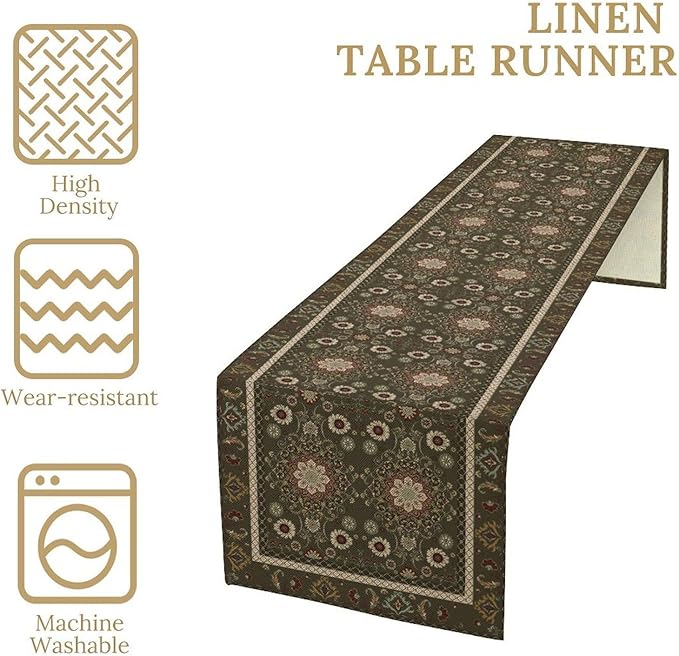 Vintage Boho Floral Table Runner, Rustic Country Farmhouse Brown Bohemia Flower - Image 5