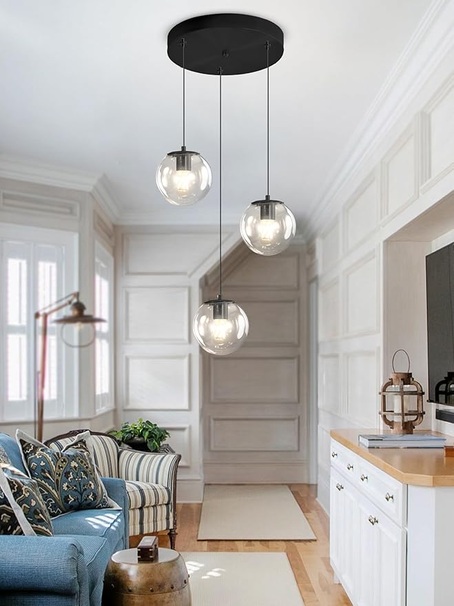 Globe Glass Pendant Light Modern Black Clear Globe Glass Chandelier Mid Century - Image 2