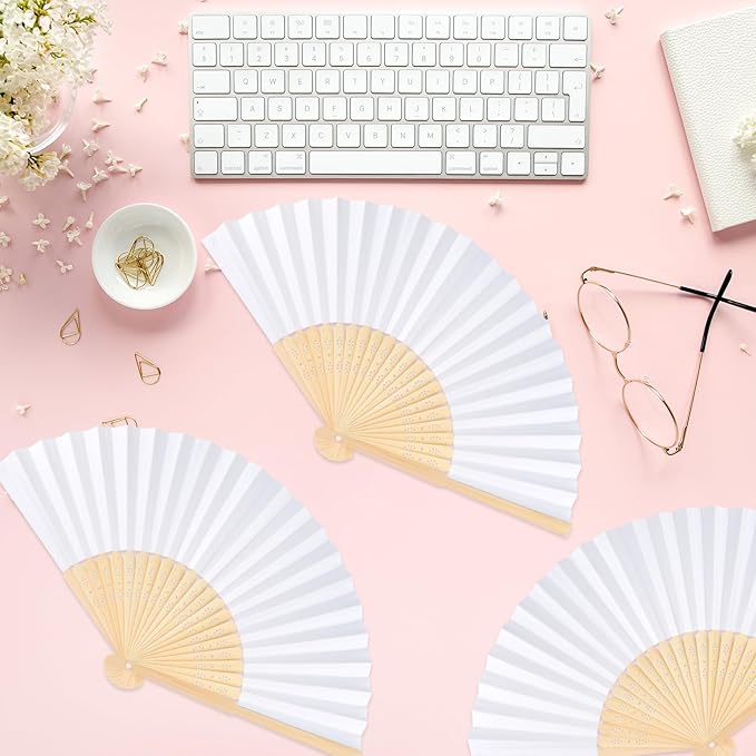 12 Pieces White Hand Held Bamboo Folding Fans Paper Fans Handheld - Image 6