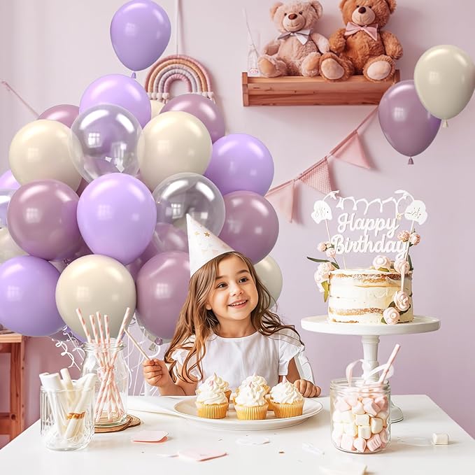 Purple and White Balloons, 12 Inch Pastel Purple Beige Cream White Clear Latex - Image 6