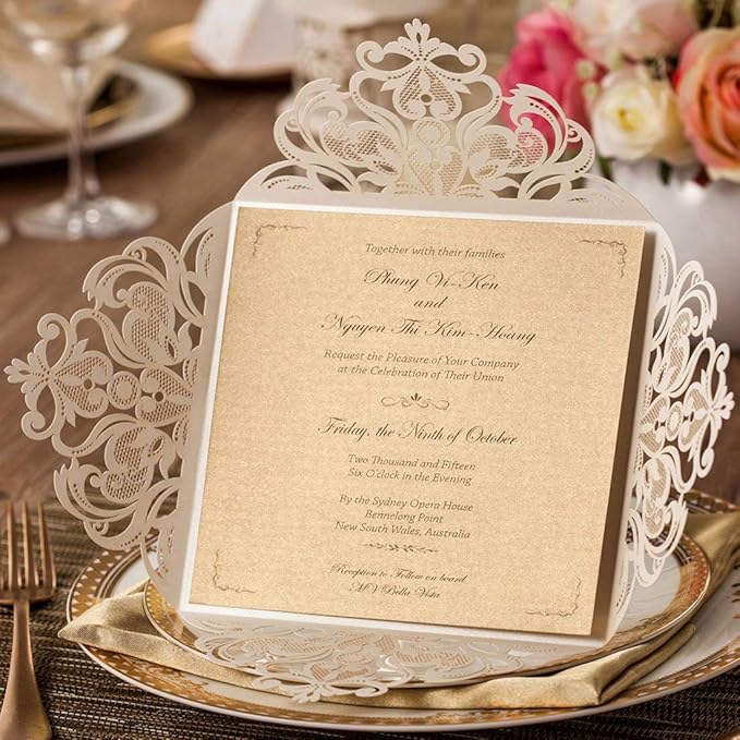 Hosmsua 50PCS Ivory Laser Cut Wedding Invitation Cards - Image 4
