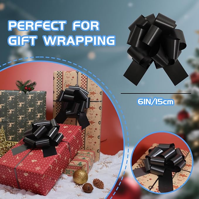 6 Pcs 6 Inch Black Pull Bows, Gift Wrapping Baskets Wedding Christmas Party - Image 2