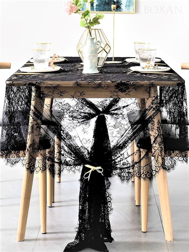 BOXAN Black Lace Tablecloth Overlay Rose Vintage Embroidered, Romantic Boho - Image 3