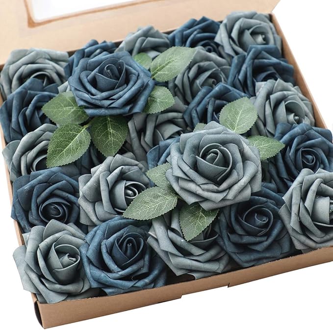 Floroom Artificial Flowers 50pcs Real Looking Dusty Blue Foam Fake Roses by Floroom