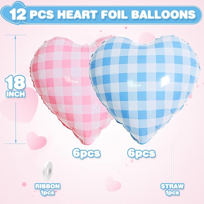 Pink Blue Checkered Heart Balloons - Image 2