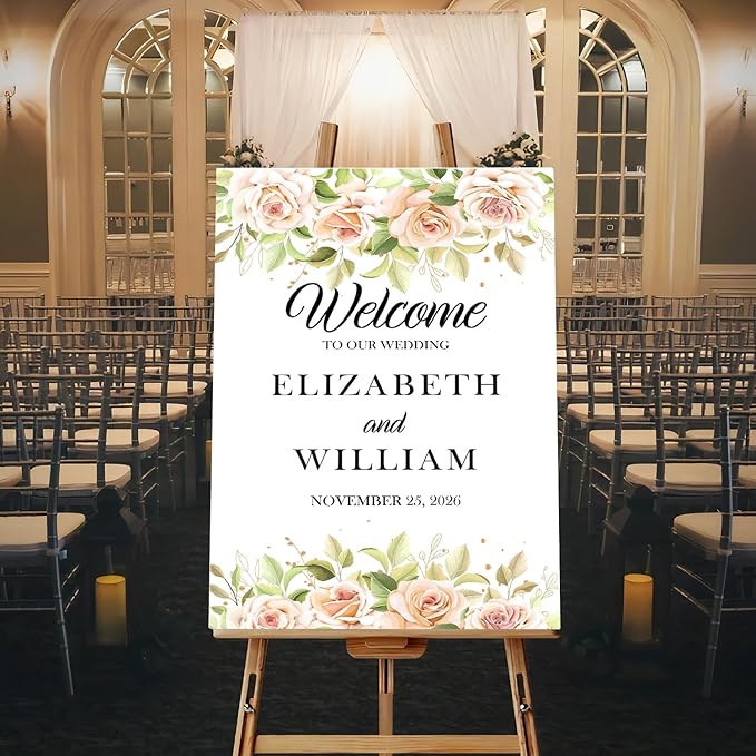 Gentle Pink Rose Wedding Welcome Sign, Minimalist Floral Template, Editable by Unknown
