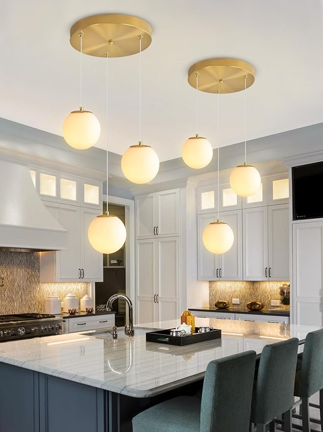3-Lights Globe Glass Pendant Light Modern Gold White Globe Glass Chandelier Mid - Image 5