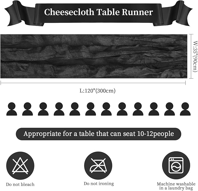 6 Pack Halloween Cheesecloth Table Runner 10FT Long Black Boho Gauze Table - Image 2