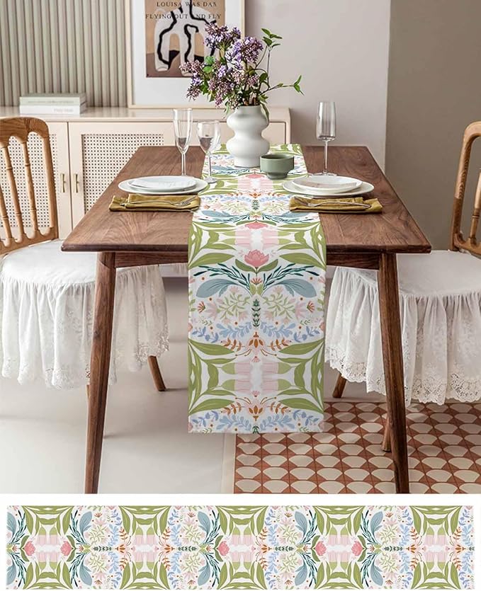 Green Blue Pink Boho Floral Cotton Linen Table Runner - Image 6