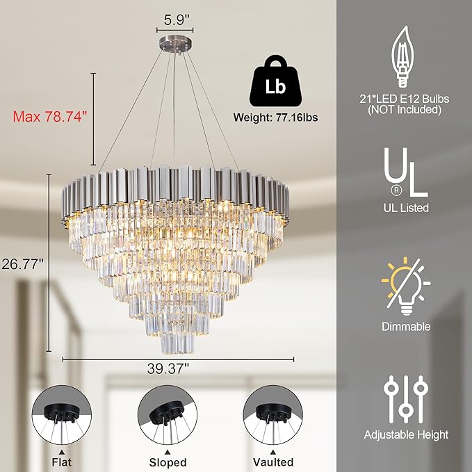 39" Silver Crystal Chandelier, 21-Light Modern Luxury Round Chandelier - Image 3
