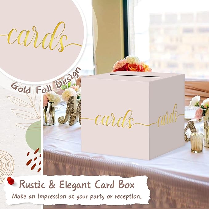QIKSION Blush Pink Wedding Card Box, Rose Gold Foil Gift Card Box - Image 3