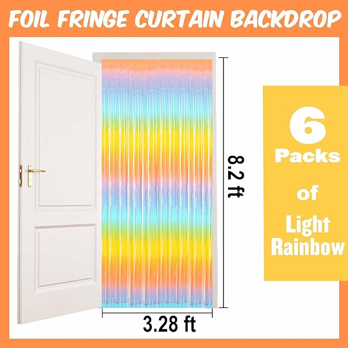 6 Pack Light Rainbow Foil Fringe Curtains Backdrop, 3.28 x 8.2 Ft Metallic - Image 2