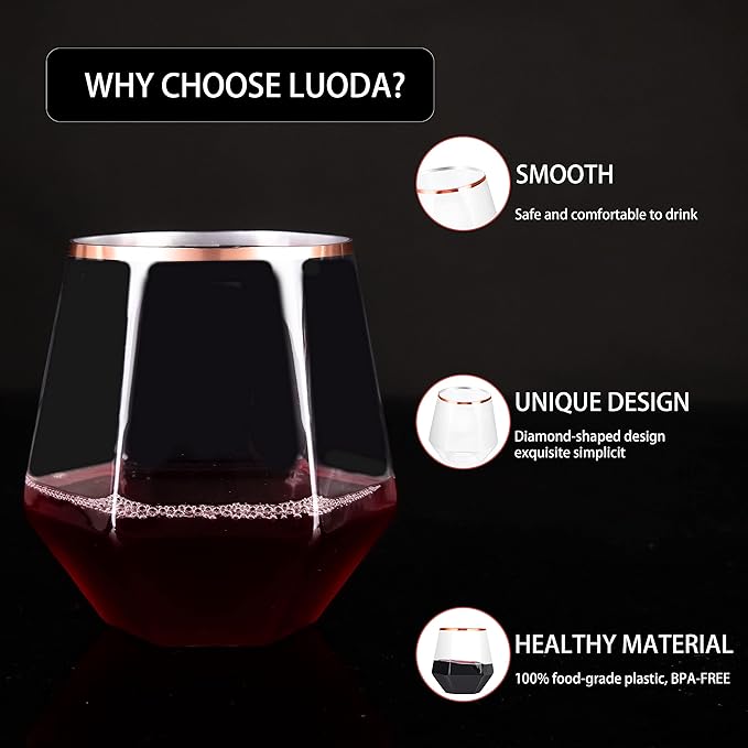 LUODA 32 Pack Rose Gold Diamond Wine Glasses, 12 Oz Stemless Rose Gold Rim Wine - Image 3