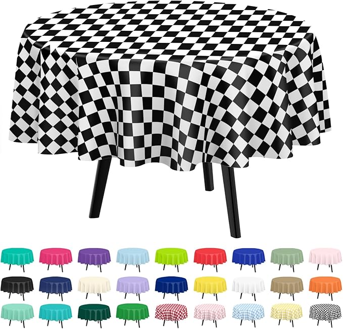 QIKSION Black and White Gingham Round Tablecloth 2 Pack, 84 Inch Plastic by QIKSION