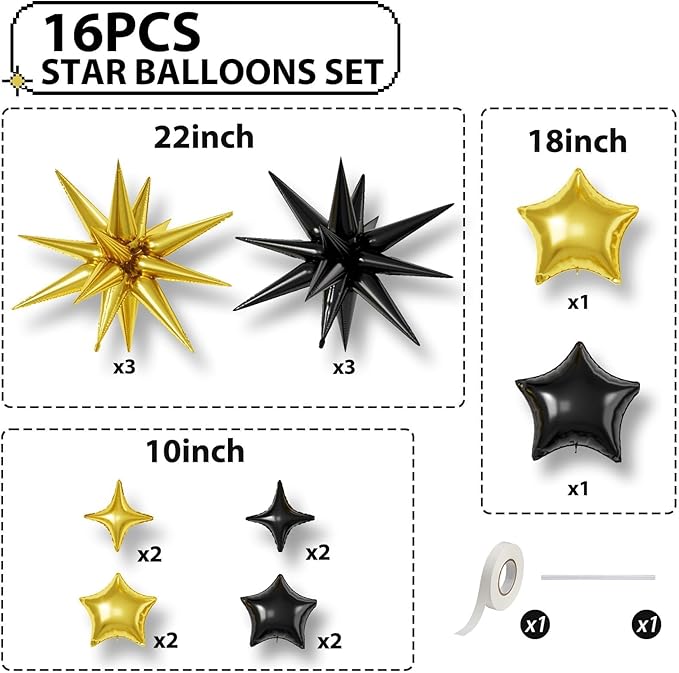 16 Pcs Black Gold Star Balloons, 22/18/10 Inch Foil Balloons, Four-Pointed - Image 2
