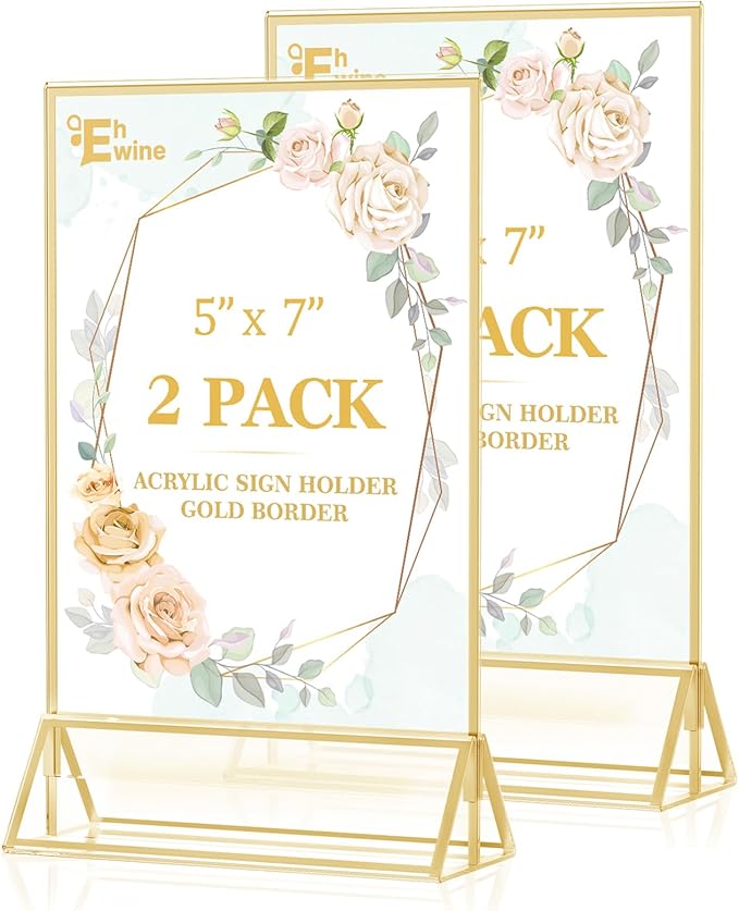 EHWINE 2 Pack Acrylic Sign Holder 5 x 7, Double Sided Gold Picture Frame Stand by EHWINE