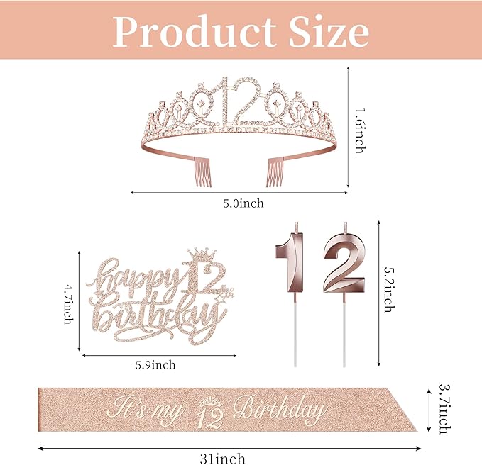 12th Birthday Decorations for Girls Including Sash, Crown/Tiara, Candles and - Image 3