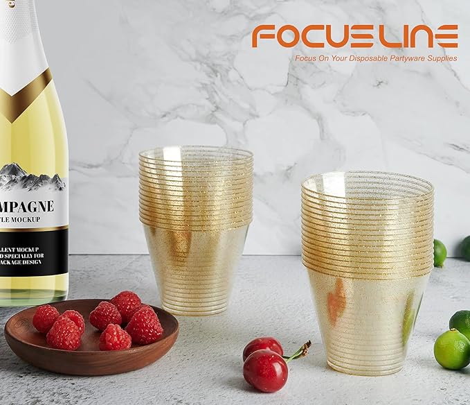 FOCUSLINE 9 oz Gold Plastic Cups, Disposable Clear Fancy Hard Plastic Cups - Image 3