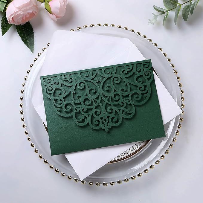PONATIA 5.12 x 7.2 Emerald Green Laser Cut Invitation Cards - Image 4