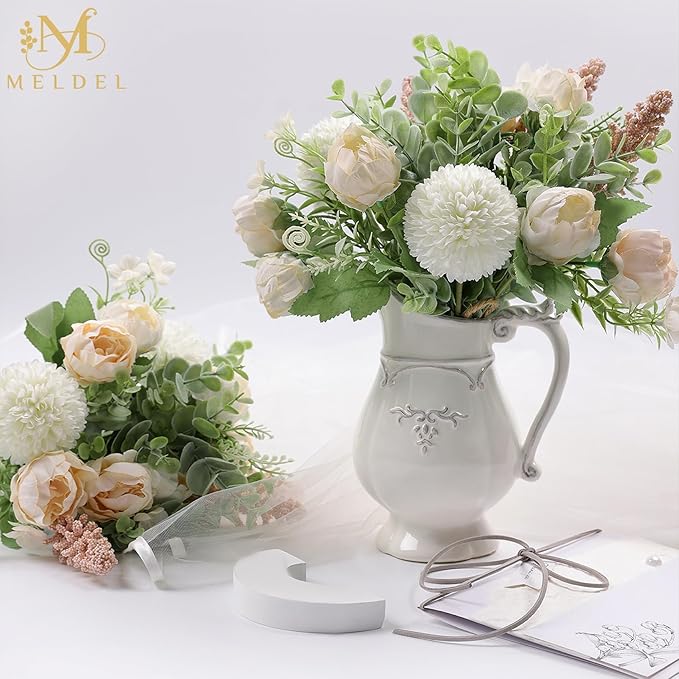 Meldel 3Pcs Rose Bouquet Light Champagne Artificial Flowers Peony Eucalyptus - Image 4