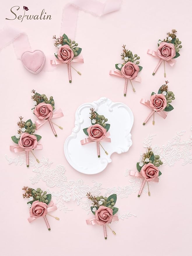 Serwalin 10Pcs Boutonniere for Men, Artificial Flowers for Wedding Decor - Image 4