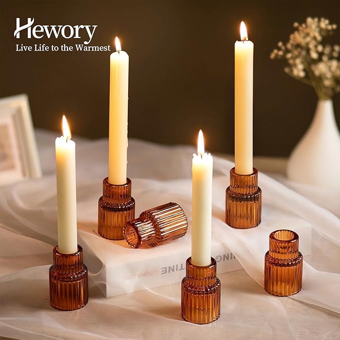 Hewory Glass Taper Candle Holders: 2PCS Amber Elegant Candle Holder Candlestick - Image 2