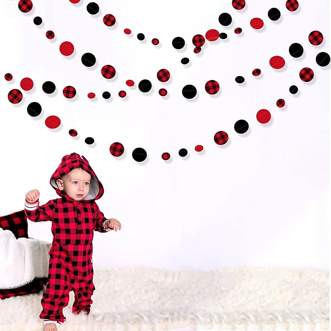 46Ft Buffalo Plaid Polka Dot Garlands Black Red Checkered Paper Circle Dot - Image 4