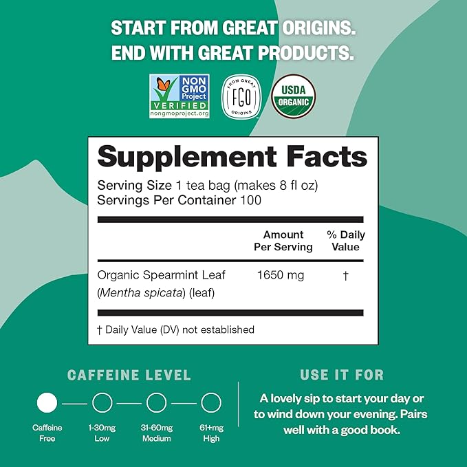FGO Organic Spearmint Leaf Tea, Eco-Conscious Tea Bags, Caffeine Free, - Image 4