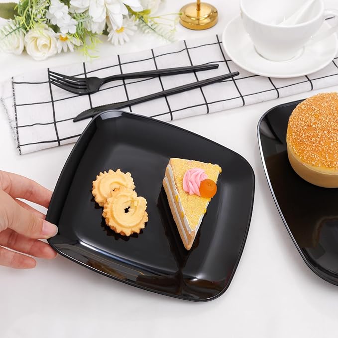 PULOTE 60PCS Black Square Plastic Plates Disposable - Image 4