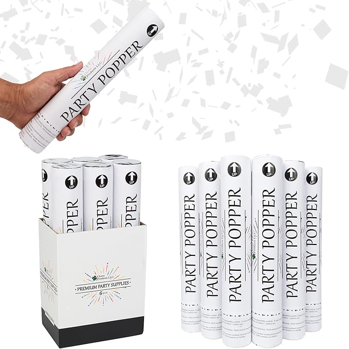 Clover Products 12" Biodegradable Confetti Cannons | 6 Pack | White Poppers - Image 2