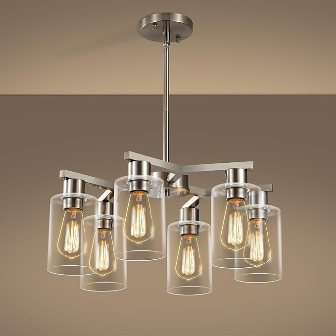 6-Light Modern Farmhouse Brushed Nickel Chandelier, Dining Room Light Fixture by Unknown