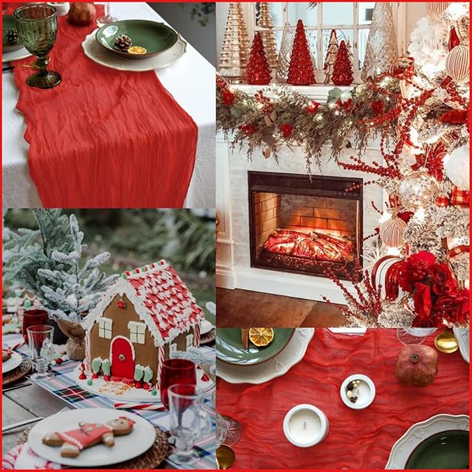 Red Table Runner Cheesecloth 142'' Rustic Gauze Wedding Runner, Christmas - Image 2
