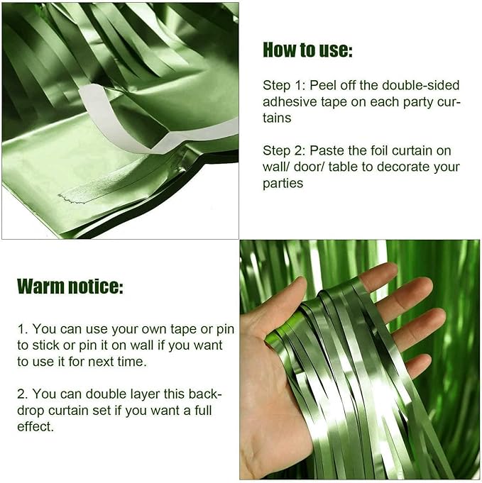 4 Pack Light Green Foil Fringe Curtain Backdrop, 3.28Ft x 8.2Ft Metallic Tinsel - Image 3