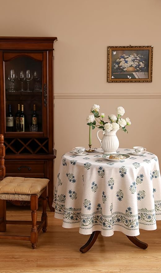 ISAENNE Designer White Linen Round Tablecloth, Chinoiserie Floral Elegant - Image 8