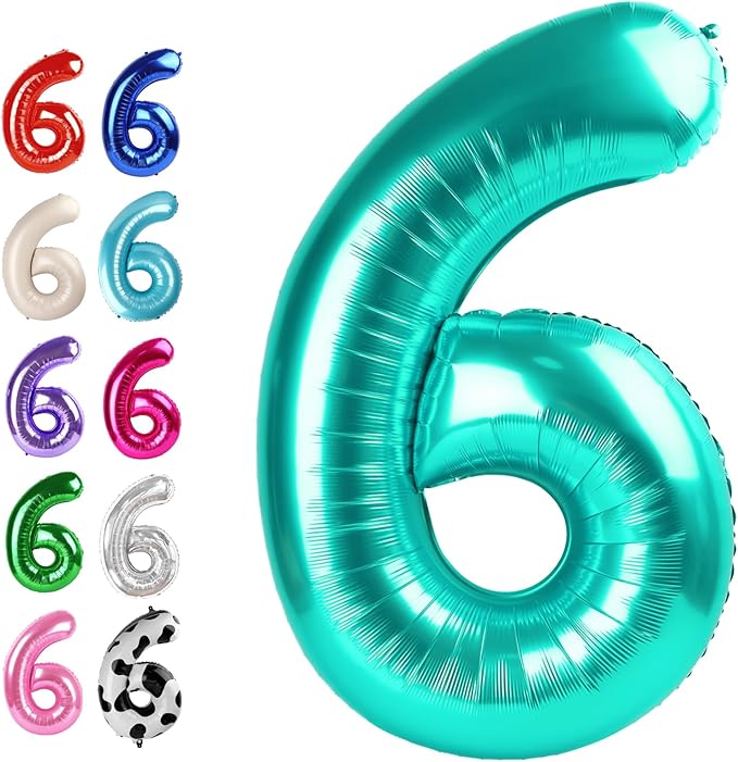 Teal Blue 40 Inch Mylar Foil Number 6 Balloon, Birthday Digital Balloons by Upgesy