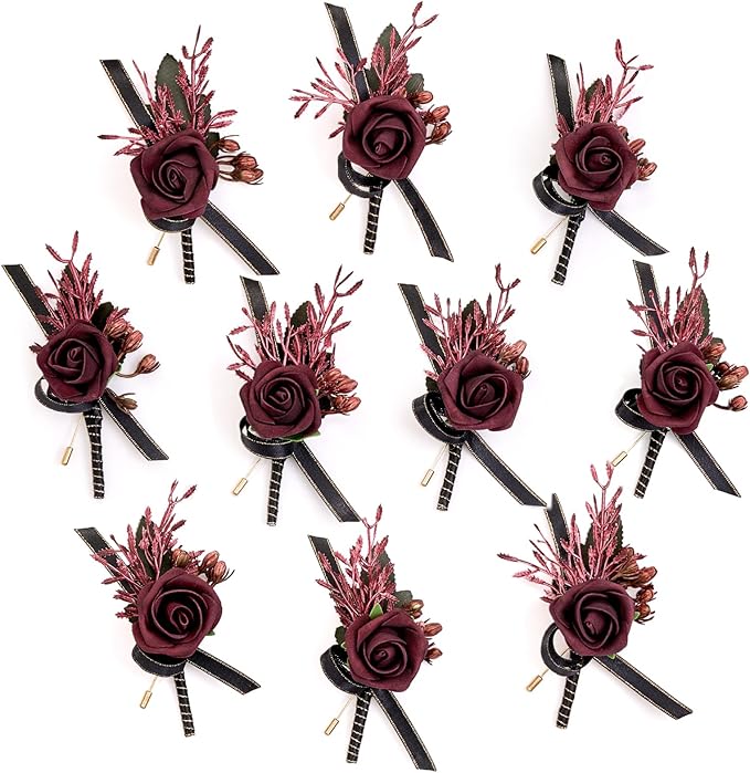 Serwalin 10Pcs Boutonniere for Men, Burgundy Groom and Best Man Boutonniere by Serwalin