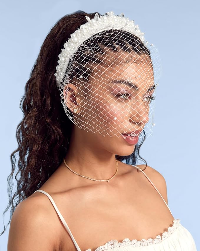 xo, Fetti Pearl Beaded Bridal Headband + Birdcage Veil | Bachelorette Party - Image 6