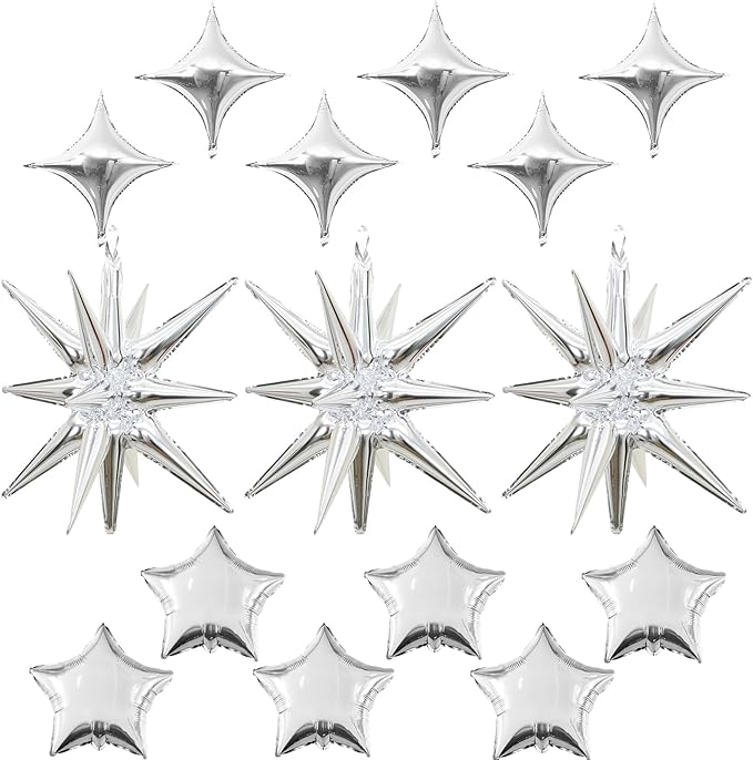 Silver Star Balloons, 22in Large Star Balloons Foil 10in 4-Pointed & Silver by Froova