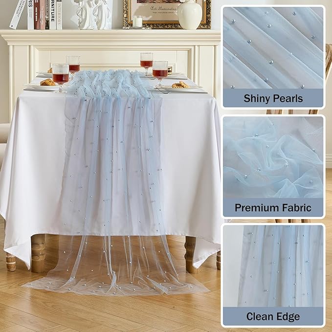 Fanami 6 Pack Pearl Table Runner -10FT Dusty Blue Boho Tulle Table Runners 120 - Image 3